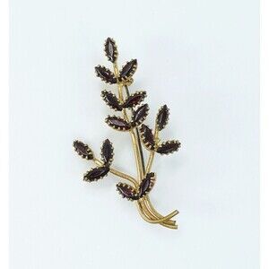 Vintage Czech Slovakia Red Rhinestone Leaf Brooch Gold Tone Victorian